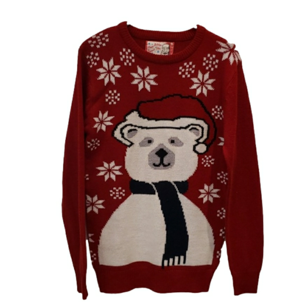 Happy Holidays 'Ugly Christmas Sweater' Red Polar Bear wearing Scarf Women